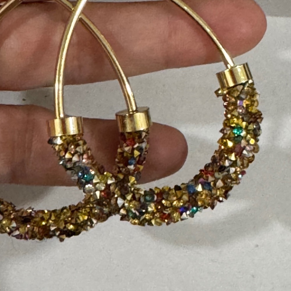 Pink Panache Gold & Crystal Drop Hoop Earrings – Sparkly Statement - Picture 3 of 4